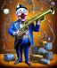 Placeholder: mechanoid happy old friendly fat clown playing jazz with a steampunk theme, trumpet, realistic