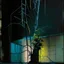 Placeholder: Minimal abstract oil painting of a plant in concrete warehouse brutalist architecture and hanging wires illuminated at night. With triadic colours. In the style of Justin Mortimer and Phil Hale, Ashley Wood