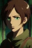 Placeholder: Attack on Titan screencap of a female with short, brown hair and big greenish dark brown eyes. War background behind her. With studio art screencap.