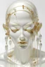 Placeholder: the piece shows the sad facial expressions of a female humanoid, 3 fluid transparent tubes in the background, in the style of glass-like sculpture, jocelyn hobbie, glitter and crystals on the top of the head, delicate constructions, light white, creamy white background, exquisite detail