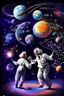 Placeholder: Albert Einstein and Richard Feynman playing with numbers & atoms in outerspace with planets, cosmic gas, stars, moons, and comets dancing around them