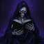 Placeholder: A skeletal figure, cloaked in a dark, hooded robe adorned with intricate, metallic details, sits center frame, facing the viewer. The figure holds an antique, leather-bound book, its pages slightly open, with bony hands. A glowing purple staff rests beside the book. The skeletal face has glowing purple eyes, and the overall tone is dark and ominous, with deep purples and blues dominating the color palette. The style is dark fantasy, reminiscent of gothic illustration, employing dramatic lighting