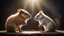 Placeholder: romantic photograph of two small animals in a loving relationship, halo lighting, chiaroscuro, beautiful photo