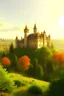 Placeholder: There is a castle around a forest with a sun day,reallity