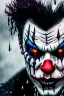 Placeholder: ultra detailed and highly realistic image of a gothic, scary clown, close up of him standing in the rain, the rain messed up his face makeup as it smudged of his face, chaotic, dramatic upclose view, 32k, splatter paint style