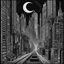 Placeholder: trompe l'oeil illusionistic detail, woodblock stamp print, twilight in the city, skyscrapers, neon lights, crescent moon, graffiti walls, poster art, cyberpunk, futuristic citypunk