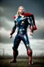 Placeholder: retro portrait image from 1960, sky background, wind, long blonde hair, thor classic comic dress style, fighting stance, young Chris Hemsworth, black dress, classic long tight lycra black suit, red cape, gold bracelet and belt, high boots, superhero style, soft color, highly detailed, unreal engine 5, ray tracing, RTX, lumen lighting, ultra detail, volumetric lighting, 3d, finely drawn, high definition, high resolution.