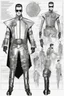 Placeholder: fashion illustration, sketches, futuristic man fashion, microchip designe shirt, black leather pant with silver accessories and belt buckle, steampunk and cyberpunk mixed style, sci-fi fashion style