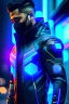 Placeholder: cyberpunk, neon blue, high technology, geometric figures, orbiting figures, cyberpunk suit, black and blue, epic, rain, neon blue suit, geometric figures orbiting around suit, exosuit, male