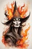 Placeholder: create an abstract ink wash and watercolor caricature portrait of a beautiful, malevolent, ornately dressed , 14th century sorceress engulfed in fire ,highly detailed with refined facial features in the cartoon caricature style of Gerald Scarfe and Ralph Steadman precisely drawn, boldly inked, boldly colored, 4k