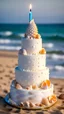 Placeholder: birthday cake shaped like a shell, decorated with shells and candles, in Hawaii beach, hyper realistic, in broad daylight, intricate details