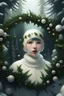 Placeholder: photorealistic Cute fantasy white Christmas fawm wearing a wreath around neck; big pine trees all around; in the style of Bastien Lecouffe Deharme