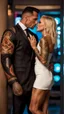 Placeholder: Jason david frank muscular male with short dark hair and tribal tattoos, wearing a designer suit, whispering in ear of young blonde woman, with short hair, wearing short white dress. hyper realistic