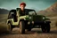 Placeholder: young rough and rugged male photorealistic red hair and green eyes smirking expression sitting in a jeep