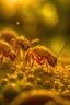 Placeholder: photograph of, At sunrise, yellow ants, macro, with dew