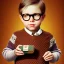 Placeholder: Peter Billingsley chubby kid Tortoise-shell glasses, holding A ((dark red soap bar)) in his hand, brown argyle sweater