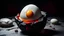 Placeholder: In a surreal dreamscape, fried egg with dark red center on black marble rock-like statute. The dark deep colors of the surrounding environment cast dramatic shadows, red droplets around egg , The dreamlike atmosphere is charged with a subtle thriller vibe, as the egg seems to pulse with a mysterious life force.