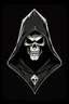 Placeholder: 1970s goofy character of a skull face character wearing a black hooded cloak, drawn in a early animation style, inside a lighter diamond shape on a black background, monochromatic