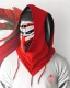 Placeholder: Draw an illustration with a red and black hood and a dragón mask over they eyes, front view