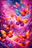 Placeholder: vibrant psychedelic oil painting image, airbrush, 64k, cartoon art image of background PINK and ORANGE BUTTERFLIES , futurism style