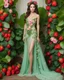 Placeholder: 📷🍓💃 length image full body sweet pose pretty woman wearing a beautiful high details natural beuty color unique gown costume made of elements varieties strawberries fruits.fully botanical green leaves and variaties roses,orchids flowers background