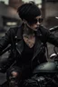 Placeholder: scarred cyberpunk vampire girl with tribal tattoos short cropped cyberpunk hair riding a black cafe racer motorcycle in a post apocalyptic wasteland at 3 am