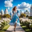 Placeholder: fullbody girl makeup wearing a victorian short dress walking in moder city of 2040 park ,flowers ,pretty clouds in blue sky,city escape.