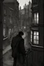 Placeholder: man in dark clothing, hiding around a corner while looking down on a brightly lit Victorian street