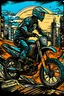 Placeholder: Black 80ies Enduro Motorcycle cruising through an ink-punk styled city, vintage stamp aesthetic, LLart illustration resembling a dynamic comic book panel, vibrant colors, sketched with tiny, intricate details, masterpiece aligning with ArtStation trends, sharp focus, bold high quality, vector style suitable for a t-shirt design, ultra-detailed, high resolution