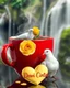 Placeholder: hyper realistic image of a glossy shiny vibrant red large cup of coffee with steam , a beautiful white dove sitting near the cup and holding a yellow rose, and the text 'Dewi Cinta' in a stylish font. Add a golden heart with the word find detail 'Dewi Cinta' written on it to enhance loving atmosphere. background blur lush greenery green waterfalls , ultra HD 64k hyperrealism studio lightning light reflection macro photography sharp focus