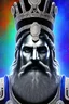 Placeholder: photo realistic, symetrical, centered, ultra detailed, digital art, in center is a portrait of highly detailed greek colossus god zeus wearing futuristic high tech rave glasses surrounded by galaxy codes seeking knowledge, gray beard, crown filled with crystals, detailed face with human skin color, eyes filled with galaxy, dominating colors = gray light blue and dark gold, lightning, smoke,