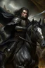 Placeholder: Oil painting of a king Very handsome with black hair poked on his black horse and wearing full black and fur Raset battle and those around him fighting Photorealistic