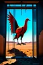 Placeholder: vibrant digital artwork featuring a rusty red mechanical vulture made of scrap metal stepping through an arafed damaged glass door with frame standing ajar, in middle of desert, surreal backdrop, translucent gray afterimages, thin glass panes and wires, amazing reflections, amazing verticals, dramatic, dynamic, double exposure, negative space, liminal space, anxiety vibe, background is blend of gray tones and random splinter glitch fragments in cobalt blue and yellow, unnerving atmosphere