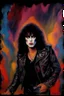 Placeholder: oil painting, text "KISS" - facial portrait with makeup - 20-year-old Paul Stanley with long, wavy curly black 1980's style big hair, wearing a black leather jacket, extremely colorful, multicolored watercolor stained wall in the background - in the art style of Boris Vallejo, Frank Frazetta, Julie bell, Caravaggio, Rembrandt, Michelangelo, Picasso, Gilbert Stuart, Gerald Brom, Thomas Kinkade, Neal Adams - explosions, flames, fog, clouds, dust,