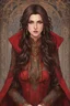 Placeholder: A (((beautiful woman with long, brown hair and red eyes))), in the Witcher universe, anime style, highly detailed, representing a (((royal medieval concubine))), clad in intricate ((red and black clothes)), set against a (detailed, anime-inspired backdrop)