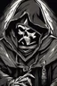 Placeholder: inside a diamond shape, skeletor motu in a black hooded cloak drawn in a retro mascot style, monochromatic