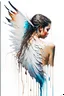 Placeholder: A detailed illustration of a beautiful young female human with growing out of her back. Her skin, hair and face are all made of paint. Her wings are spread. Highly detailed flawless facial features and eyes. Abstract Oil painting splash art. White background, wide angle, abstract design, beautiful, thick flowing paint strokes, dripping paint, fantasy art, modern art, ((soft happy complimentary colors,)) modern aesthetic, focused on the character, 4K resolution.