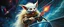 Placeholder: master oil painting by Rembrandt, scary ai sami white fox gremlin woman captain on space bus through space neon comet shower , space water fall, motion blur background, goa trance poster