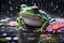Placeholder: Create a high-definition image of a rainy landscape in which a frog is drenched under a flower in crystal style art frog is looking up at raindrops from colorful daisy petals on a black background, sheltering from the rain.