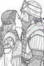 Placeholder: Fantasy coloring page, minimal detail. HD. Woman kissing an older male knight with a beard. No background detail.