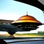 Placeholder: award winning photograph of a steampunk house-fly ufo designed by only one vehicle per image painted metallic orange traveling at a high rate of speed, jet intake off of front center of vehicle and jet exhaust out the rear bilaterally symetrical,