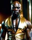 Placeholder: Adewale Akinnuoye-Agbaje x Yul Brynner as a handsome dark skinned and muscular heavy set man with a bald head and neatly trimmed beard. he is wearing a leather waistcoat and no shirt. he has a gold earing in his left ear. modern setting