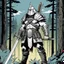 Placeholder: [comics Head Lopper style by Andrew MacLean] a barbarian ranger in armour: The air crackles with energy as he stands tall, his backback on his back and his broad sword in front of him like a banner of defiance. in the border of the forest