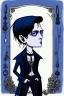 Placeholder: black haired blue eyed young man necromancer with gothic jewelry in the style of charles addams