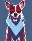 Placeholder: Vibrant, fun t-shirt design of a stylish Australian Shepherd dog with cool sunglasses and relaxed demeanor. The coat is a gradient mix of blue, red and white. The background is a fun red heart-shaped silhouette. The overall design is visually striking and would turn heads on a (((black t-shirt)))