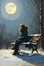 Placeholder: Painting of a lonely young woman. snowy night. sitting on a park bench. city park. full moon. night time oil painting. expressive brush strokes. solitude
