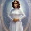 Placeholder: hyperspace background, complete and photo realistic detailed head to waist stunning photo realistic portrait of carrie fisher as Princess Leia in star wars with photo realistic wedding hairstyle by Mandy Jurgens and mucha and Richard Schmid and chuck close and chie yoshii, extraordinary and detailed ceremony dress of star wars,brown eyes