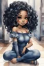 Placeholder: Create a futurism magna watercolor pain art of a black chibi curvy female sitting on the floor looking at herself in a hand mirror. She is wearing tight blue jeans and a black off the shoulder blouse. Prominent make up with lush lashes. Highly detailed long wavy hair. She is also wearing silver large hoop earringsart of a black chibi curvy female sitting on the floor looking at her cell phone. She is wearing tight blue jeans and a black off the shoulder blouse. Prominent make up with lush lashes