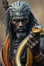 Placeholder: beautiful black skin warrior man gray hair holding a snake