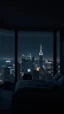 Placeholder: penthouse bedroom at night, dark gloomy, A room with a view of the city from the bed, generative ai By Annulus Studio